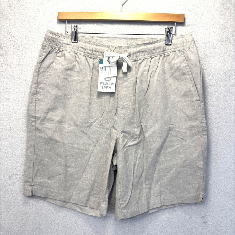NWT Washable Linen Bermuda Shorts Mens M Gray Drawstring Pockets TENTH + OCEAN